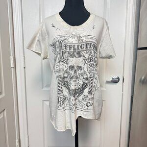 Affliction “The Barber” White Distressed Skull Tee – Size Small